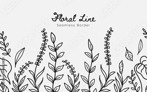 Fototapeta Hand drawn floral meadow seamless border. line art style