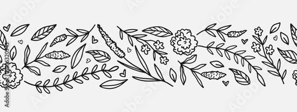 Fototapeta Hand drawn floral seamless pattern border. Line art style