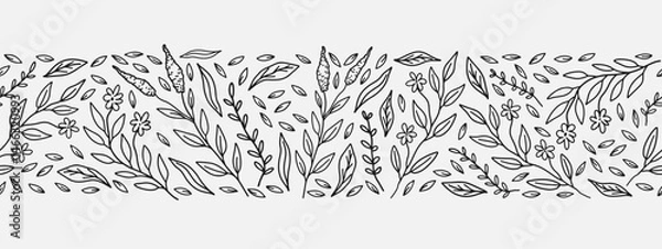 Fototapeta Hand drawn floral seamless pattern border. Line art style