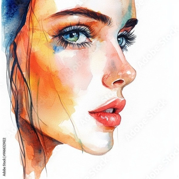 Fototapeta Beautiful Watercolor Portrait of a Woman in Profile with Clean Lines and Soft Colors
