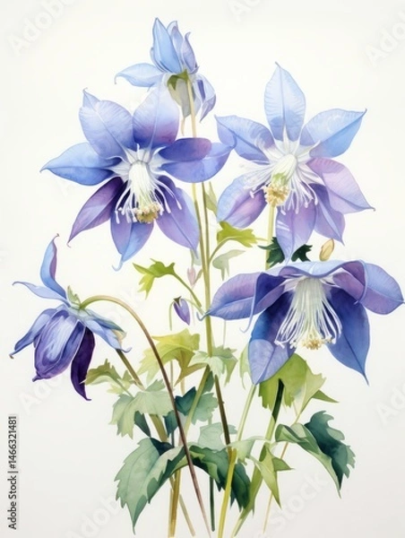 Fototapeta Beautiful Watercolor Scene of a Clump of Columbines Against a White Background