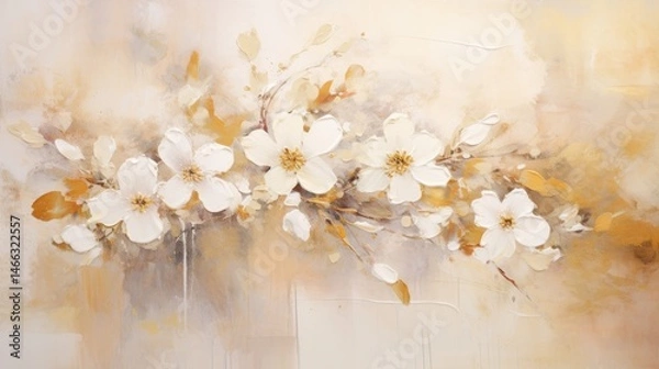 Fototapeta Beautiful White Flowers with Watercolor Effect on Golden Background with Splashes