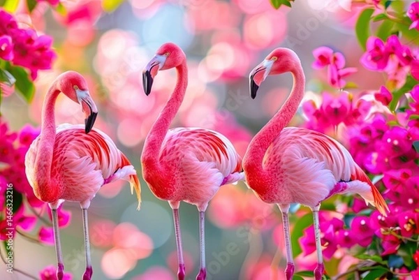 Fototapeta Graceful Flamingos Standing Amidst Vibrant Bougainvillea Flowers in a Lush Tropical Setting Evoking Serenity and Natural Beauty in a Safari Environment