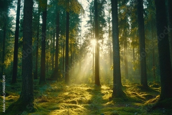 Obraz Sunlight streams through a misty forest