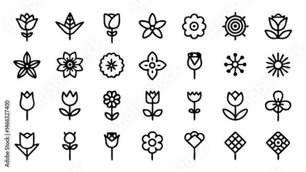 Fototapeta Flower line icon set with vector pictograms of roses and tulips, ideal for floral design projects and botanical illustrations