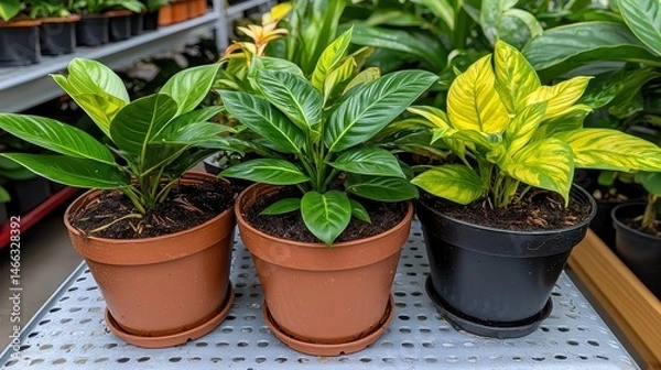 Fototapeta Three potted plants with green and yellow variegated leaves sit on a metal surface. Brown and black pots are shown in a greenhouse setting