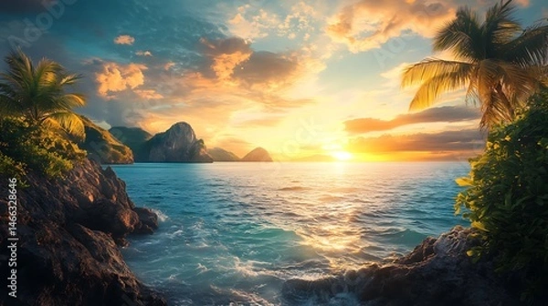 Fototapeta Tropical Sunset: Ocean view, palm trees, rocky coast and vibrant sunset.