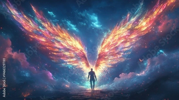 Fototapeta Celestial Wings: A Man Stands Before a Magnificent Pair of Cosmic Wings