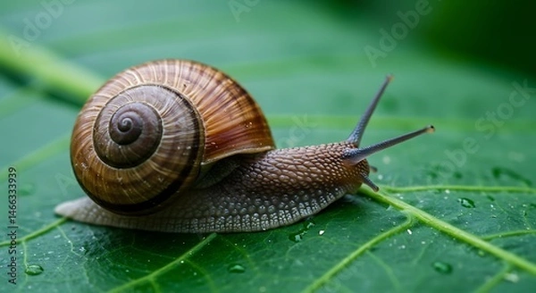 Fototapeta Snail Crawling on Green Leaf Macro Close-up