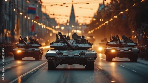 Fototapeta A military parade with modern tanks and aircraft, sharp details