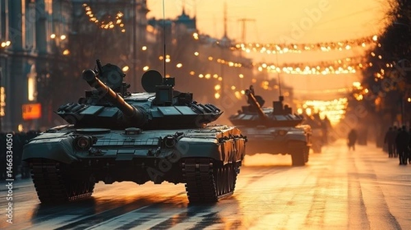 Fototapeta A military parade with modern tanks and aircraft, sharp details