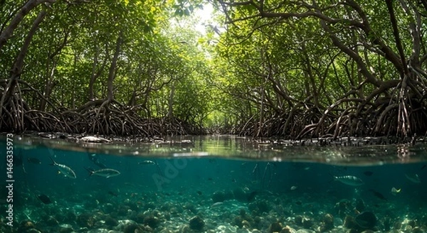 Obraz Exploring Mangrove Forest with Fish Underwater View