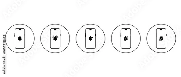 Fototapeta Alarm bell on smartphone icon set collection on circle line. Phone notification sign symbol