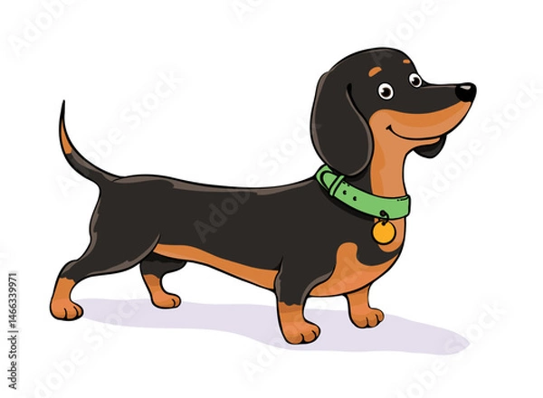 Obraz Cartoon Dachshund with green collar, friendly expression