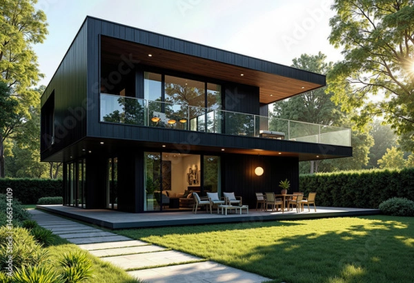 Fototapeta Elegant Black Modern House Built from Glass and Steel, Photographed During the Day with Emphasis on Geometry and Light Reflection

