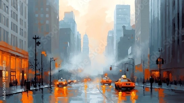 Obraz Atmospheric rainy city moment with steam rising from wet streets
