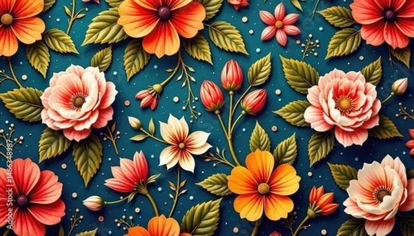 Fototapeta Intricate floral design, repeating seamlessly across a vintage textile , flower, surface pattern