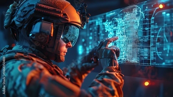 Fototapeta A modern soldier using augmented reality to analyze battlefield maps, high-tech UI
