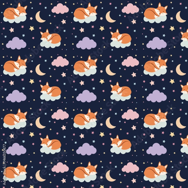 Fototapeta Seamless vector pattern featuring a cute sleeping fox on a cloud, surrounded by stars, crescent moons, and pastel clouds. Ideal for baby textiles, nursery prints, pajamas, wrapping paper