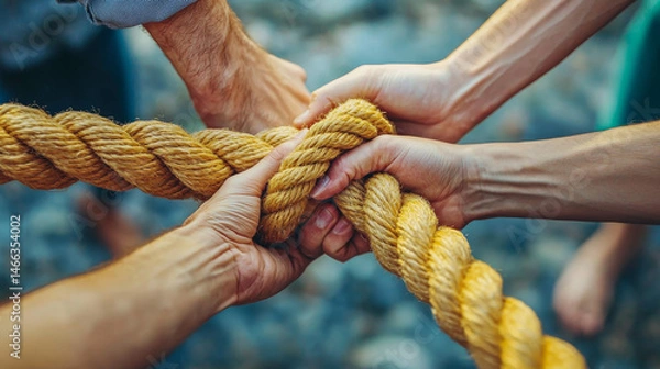 Fototapeta  Team rope diverse strength connect partnership together teamwork unity communicate support. Strong diverse network rope team concept integrate braid color background cooperation empower power