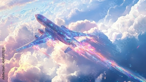 Fototapeta A futuristic jet plane soars through a vibrant cloud landscape, trails of iridescent light