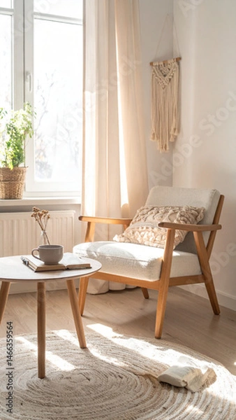Fototapeta Cozy eco living room interior design with chair, table with dry grass and window, Daylight, beige colors
