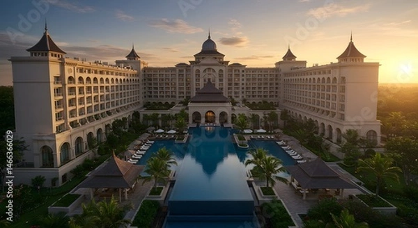 Fototapeta Luxury Resort with Pool at Sunset