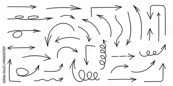 Obraz Squiggly black arrow set. Doodle movement spiral lines, elements. Pencil brush arrows for icon, sketch, texture. Hand drawn childish strokes. Isolated vector flat illustration on white background.