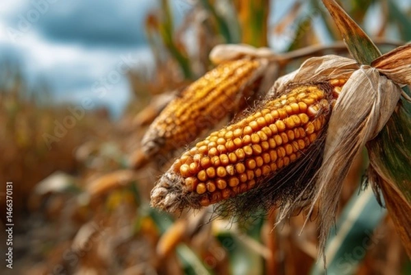 Fototapeta Close-up view showcasing mature yellow corn cobs on stalk, ready for harvest in field against a blurred blue sky