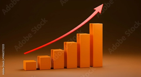 Fototapeta Orange Bar Chart with Red Arrow Showing Growth on Dark Background