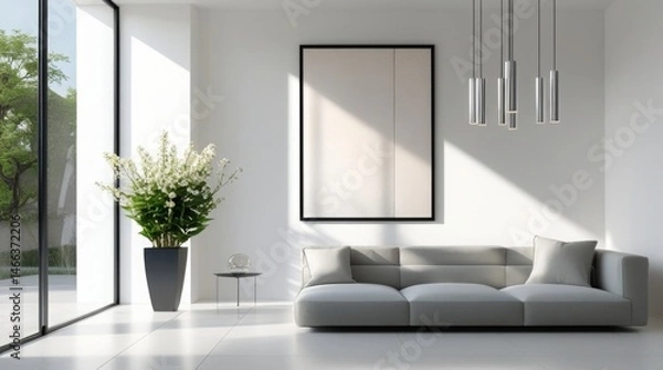 Obraz  Modern airy space with clean lines, potted plant, framed artwork, and sleek lighting fixtures