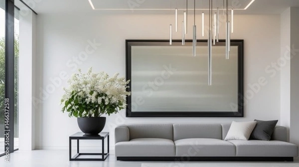Obraz  Modern airy space with clean lines, potted plant, framed artwork, and sleek lighting fixtures