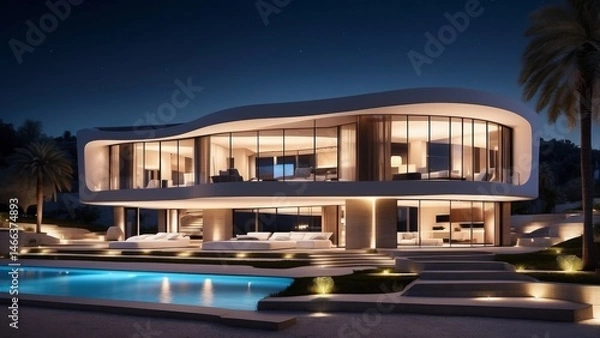 Obraz Modern luxury villa at night with ambient lighting and sleek contemporary architecture 