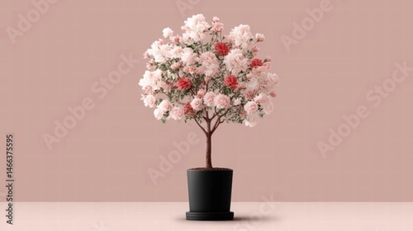 Fototapeta Creative Illustration of a Beautiful Flowering Tree in a Pot on a Minimalistic Background