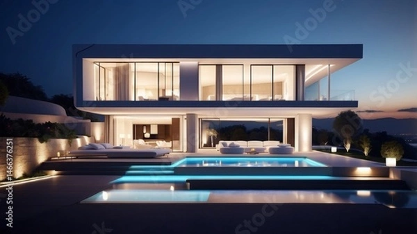 Obraz Modern luxury villa at night with ambient lighting and sleek contemporary architecture 