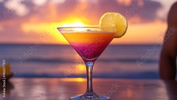 Obraz Sunset cocktail by the ocean. Vibrant layered drink garnished with lemon