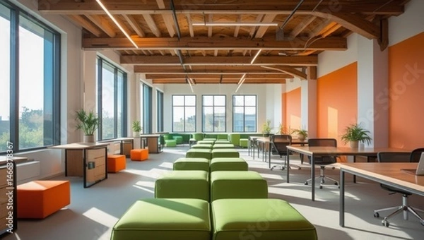 Obraz Modern open office with exposed wood beams, orange accent walls, and green modular seating 