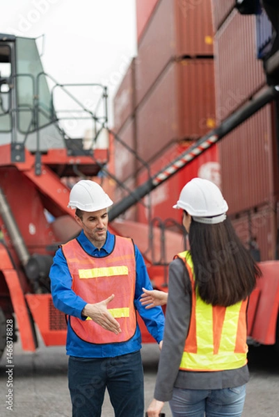 Fototapeta Caucasian man hand shake with woman engineer worker at container site	