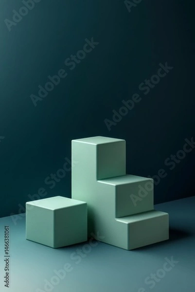 Obraz A stack of green cubes on a blue background. The cubes are arranged in a pyramid shape, with the top one being the smallest. The image has a minimalist and modern feel to it
