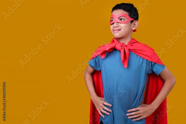 Obraz Asian Boy in Mask and Cape Transforms into a Superhero Isolated on Yellow Background