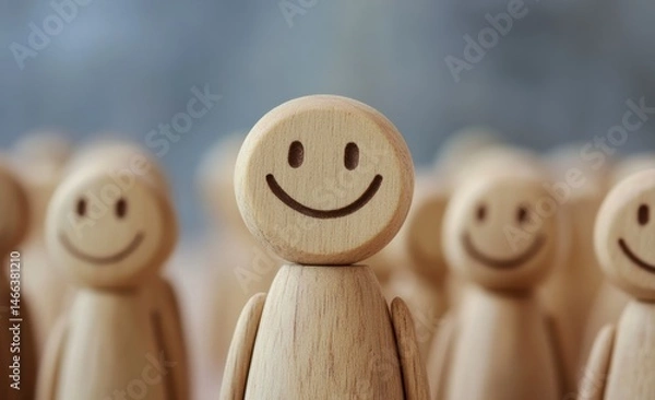 Obraz A group of wooden figurines are smiling, with one of them being the tallest. Concept of happiness and positivity