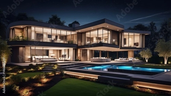 Obraz Night view of a modern villa with glowing lights, large windows, and stylish garden design 