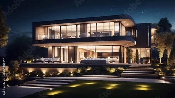 Obraz Night view of a modern villa with glowing lights, large windows, and stylish garden design 