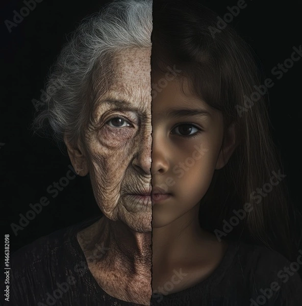 Obraz The image is a split of an old woman and a young girl. The old woman has a wrinkled face and gray hair, while the young girl has a bright, innocent face