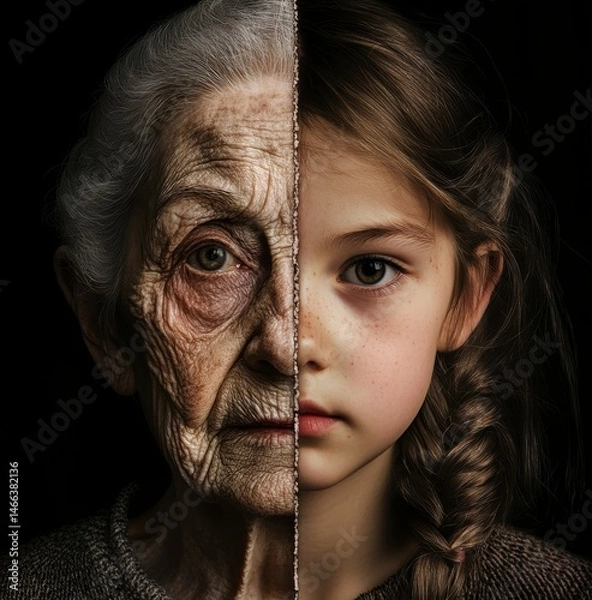Obraz A woman's face is split in half, with a young girl's face in the middle. The image is meant to evoke a sense of nostalgia and the passage of time