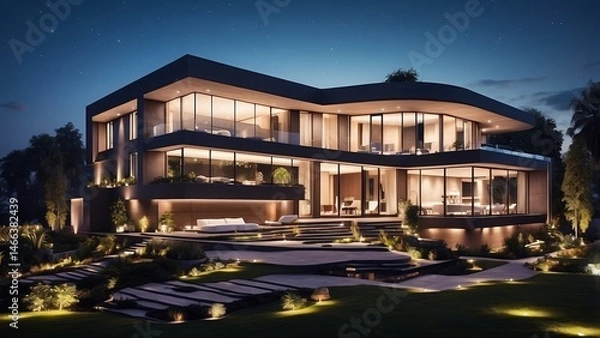 Obraz Night view of a modern villa with glowing lights, large windows, and stylish garden design 