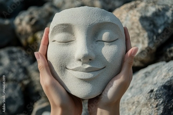 Obraz A person is holding a small white sculpture of a face. The face has a smile and he is resting on the person's hands. The sculpture is made of concrete and has a smooth texture
