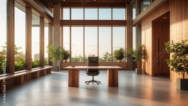 Obraz Open-concept office with natural lighting, wood details, and sleek, modern furnishings 
