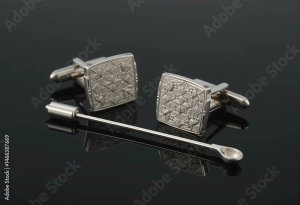 Fototapeta Polished silver cufflinks with intricate engravings, elegant design, and luxury craftsmanship.
