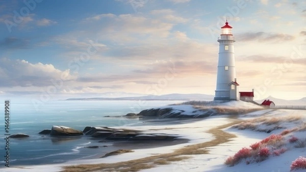 Obraz  Peaceful coastal scene with a lighthouse decorated for the holidays, snow on the ground and gentle sky 